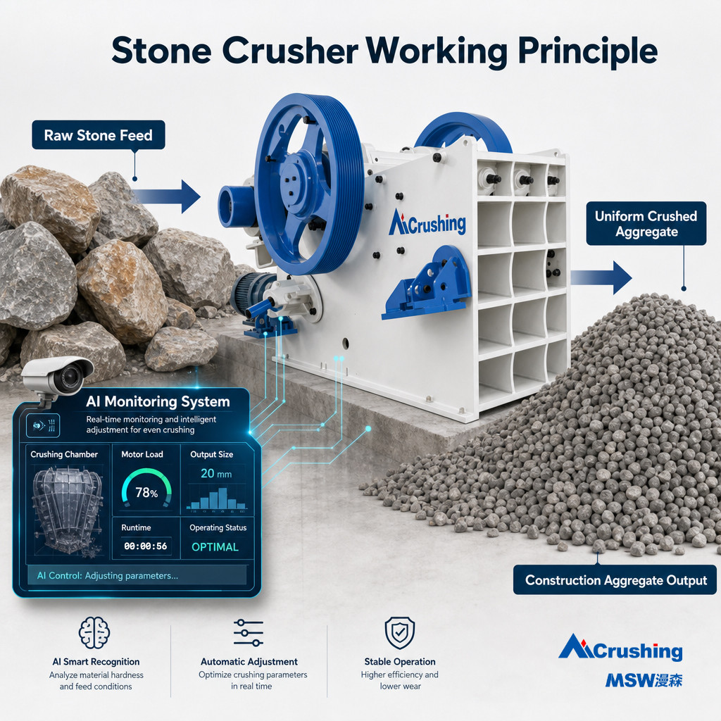 A schematic of a stone crusher system. On the left, large irregular feed stones are shown. An arrow indicates material being fed into the crusher machine. Another arrow points to the output: smaller, uniform crushed stone aggregates for construction use. The machine also features an AI recognition system that adjusts operating parameters like runtime to ensure even crushing.